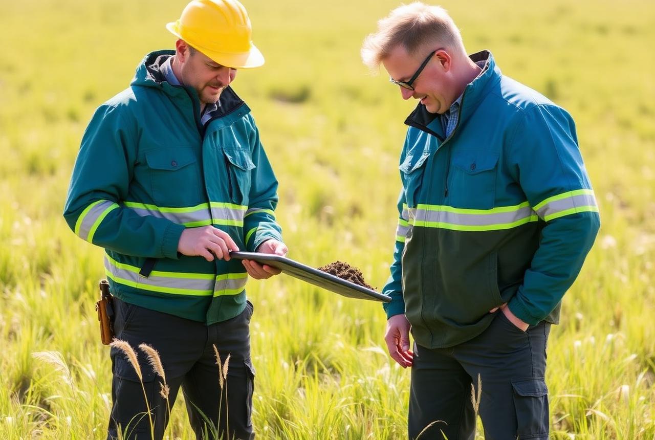 Two Eco Sinergia consultants examining a soil sample in a Montana field