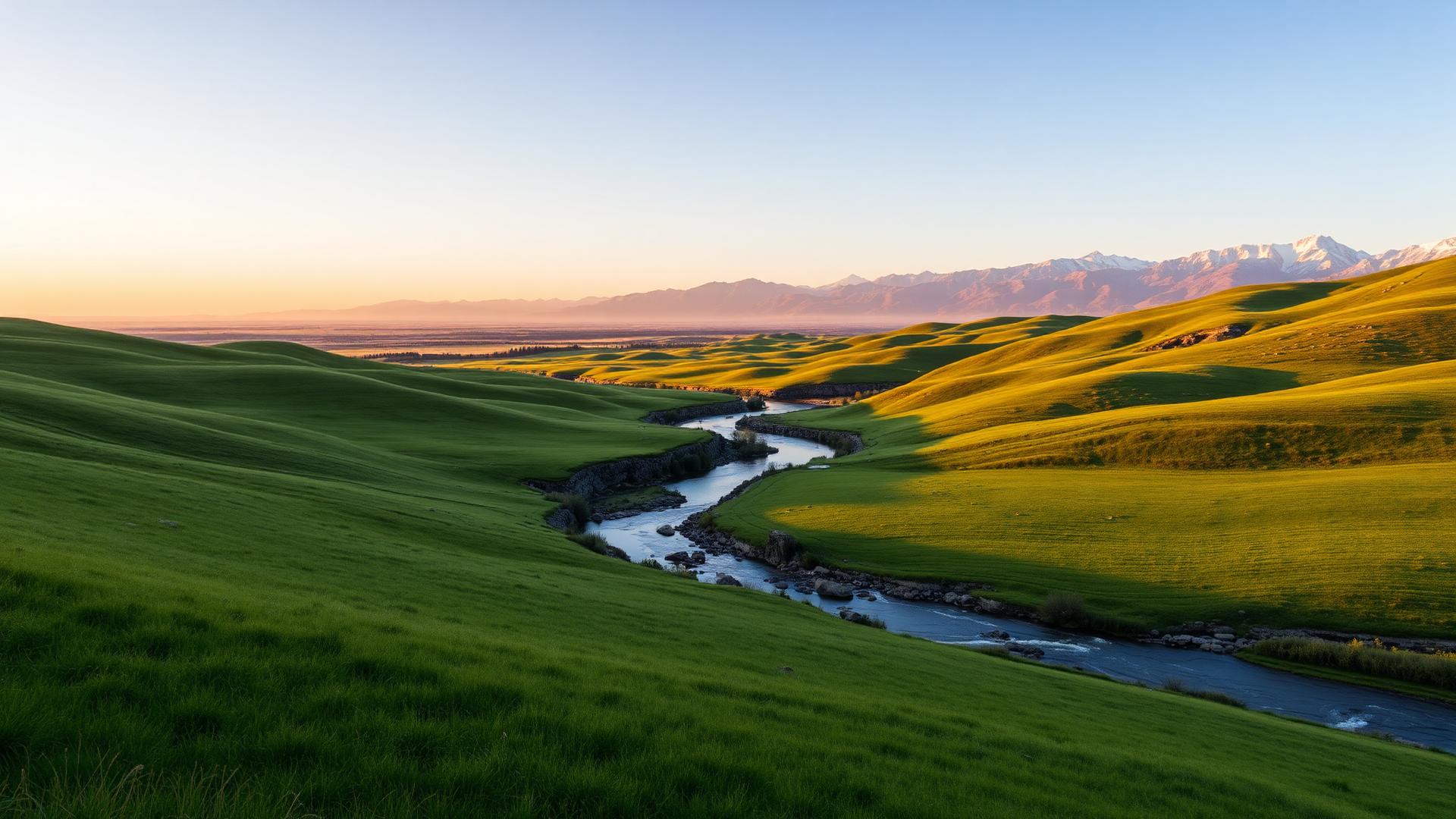 Rolling Montana hills with a river at golden hour